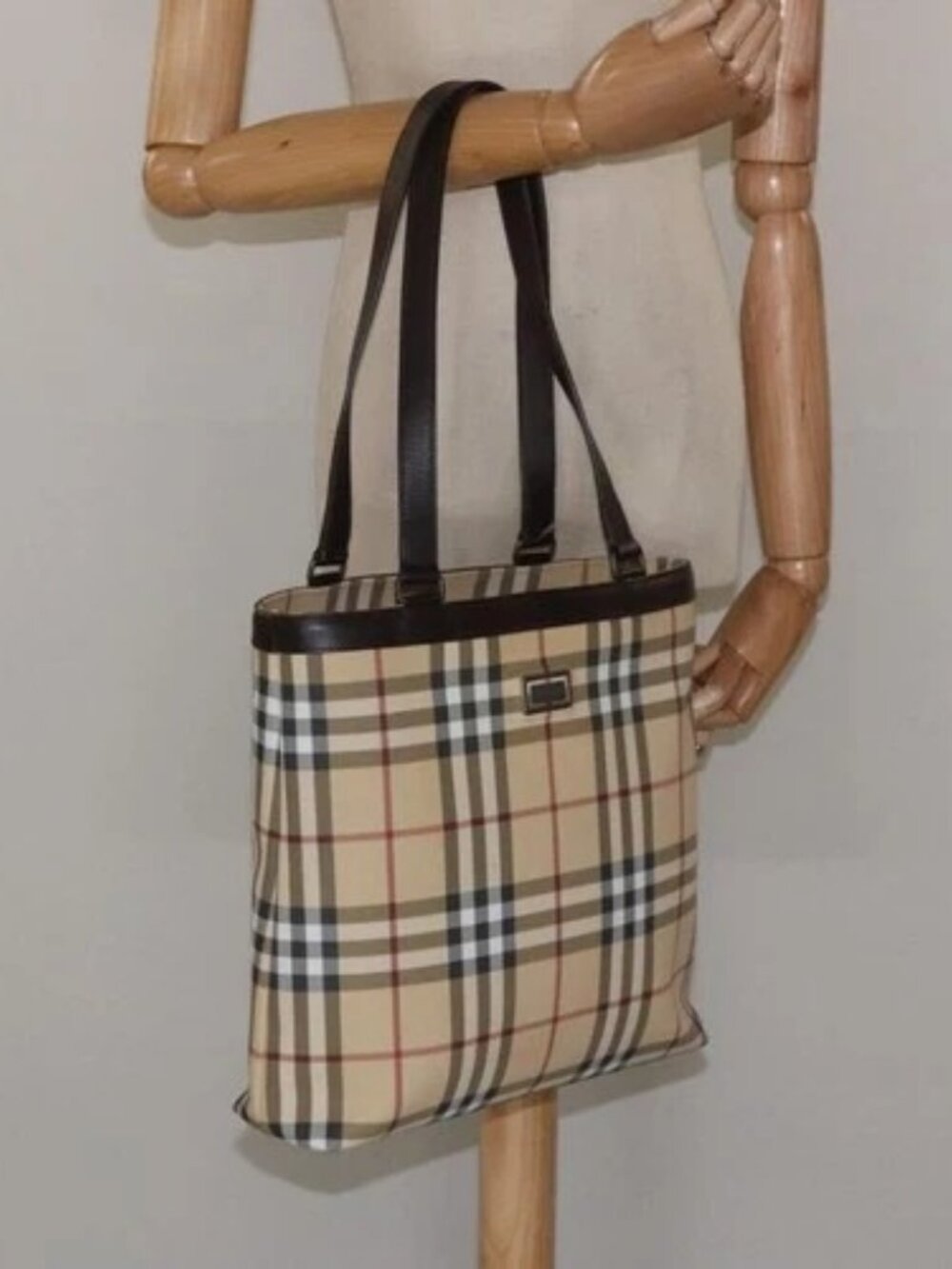BURBERRY Nova Check Tote Bag PVC Leather Beige Brown Auth BA401 - Picture 15 of 16
